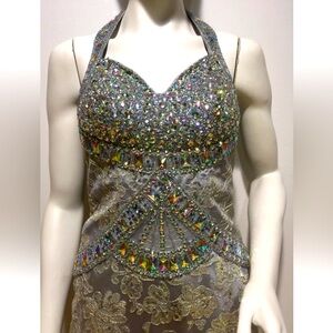 Womens Embellished Maxi Dress Size‎ 4 Gray Rhinestone Beads Halter Formal gown